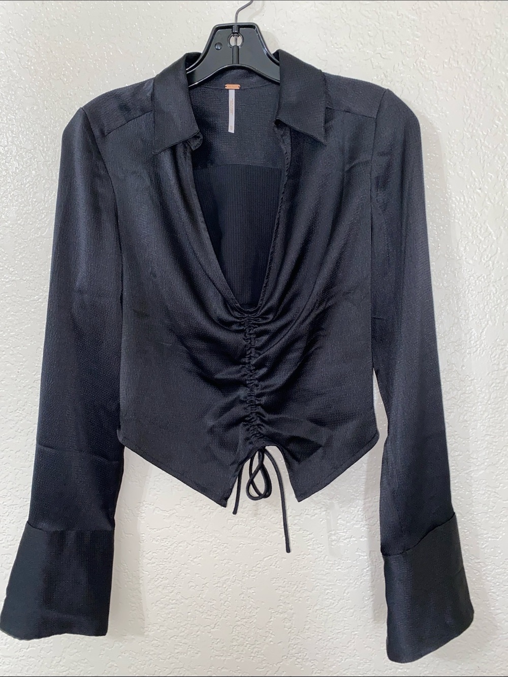 Free People Black Ruched Drawstring V-Neck Blouse